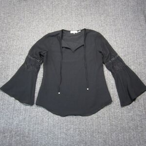 Calvin Klein Blouse Womens‎ S Black Tie Front Lace Bell Sleeve Witchy Goth Shirt